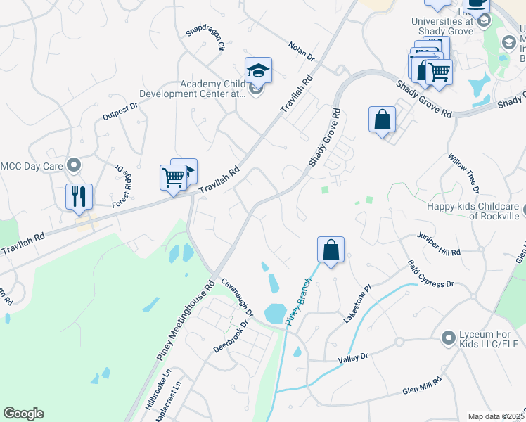 map of restaurants, bars, coffee shops, grocery stores, and more near 14102 Blue Ash Way in Rockville
