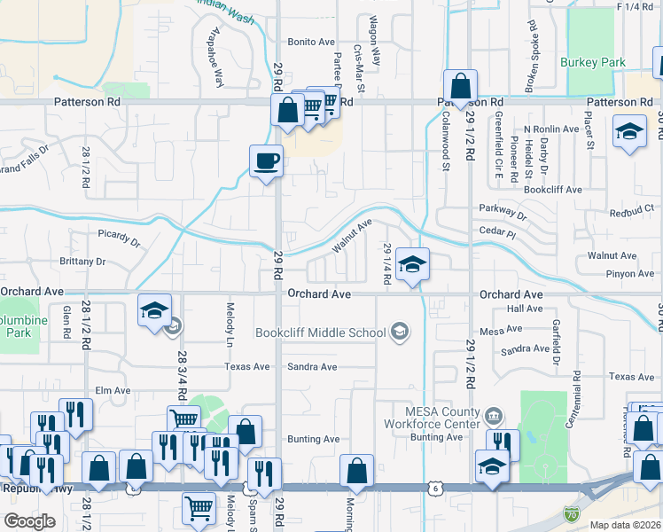 map of restaurants, bars, coffee shops, grocery stores, and more near 560 Crestwood Avenue in Grand Junction