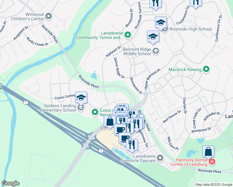 map of restaurants, bars, coffee shops, grocery stores, and more near 19170 Sweig Terrace in Leesburg
