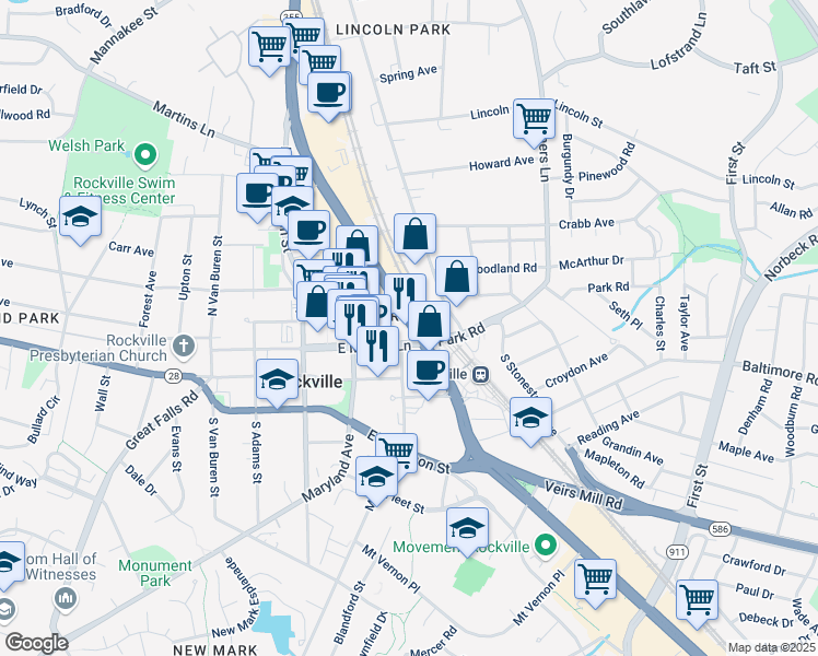 map of restaurants, bars, coffee shops, grocery stores, and more near 352 Hungerford Drive in Rockville