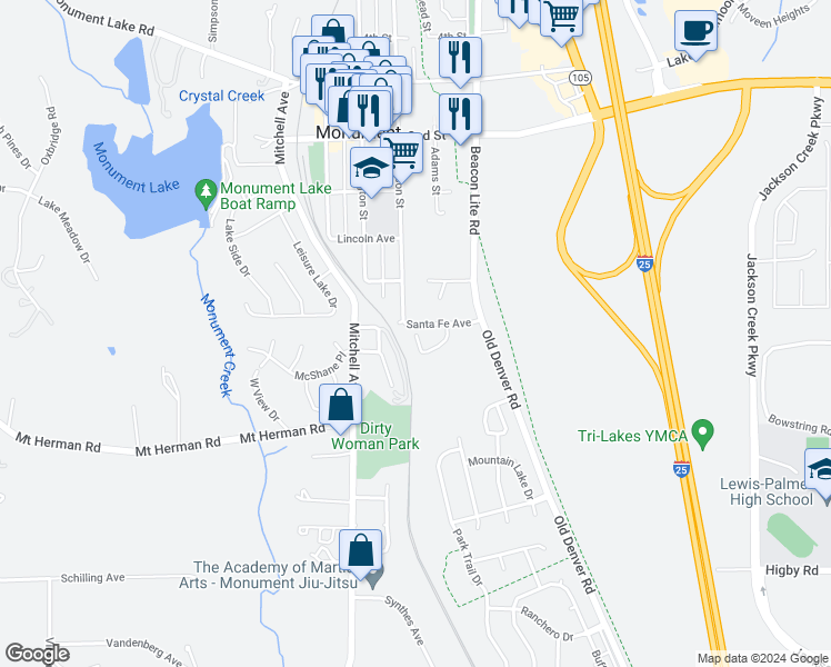 map of restaurants, bars, coffee shops, grocery stores, and more near 17646 Crestview Court in Monument