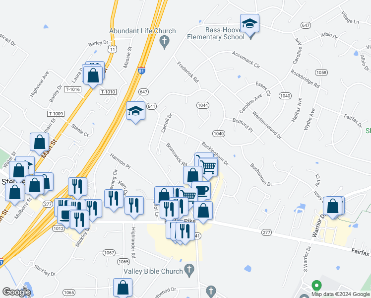 map of restaurants, bars, coffee shops, grocery stores, and more near 105 Chesterfield Circle in Stephens City