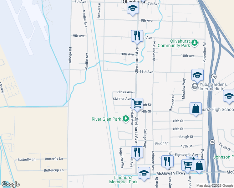 map of restaurants, bars, coffee shops, grocery stores, and more near 1731 Skinner Avenue in Olivehurst