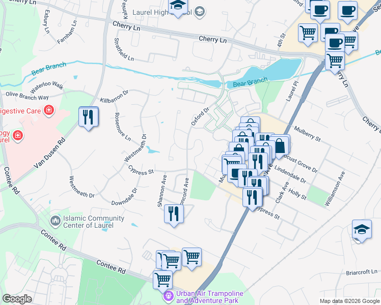 map of restaurants, bars, coffee shops, grocery stores, and more near 14054 Vista Drive in Laurel