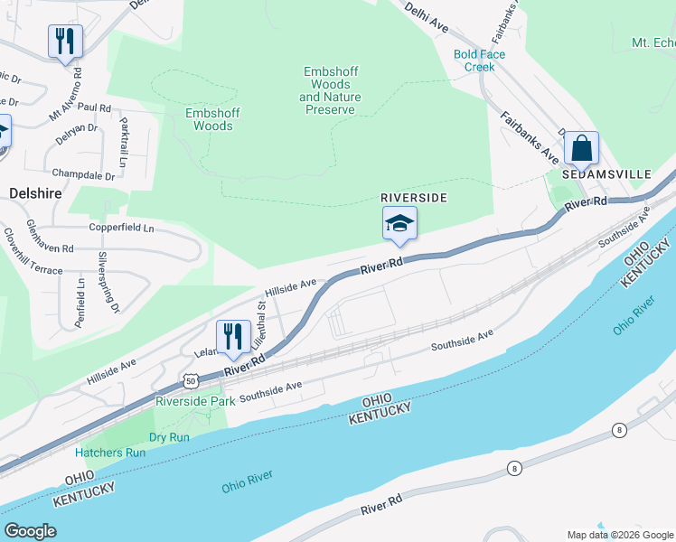 map of restaurants, bars, coffee shops, grocery stores, and more near 3324 Ohio River Scenic Byway in Cincinnati