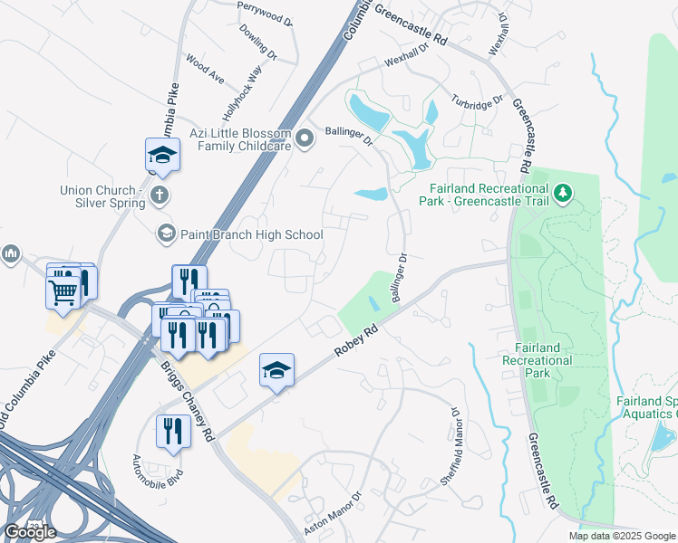 map of restaurants, bars, coffee shops, grocery stores, and more near 14039 Castle Boulevard in Silver Spring