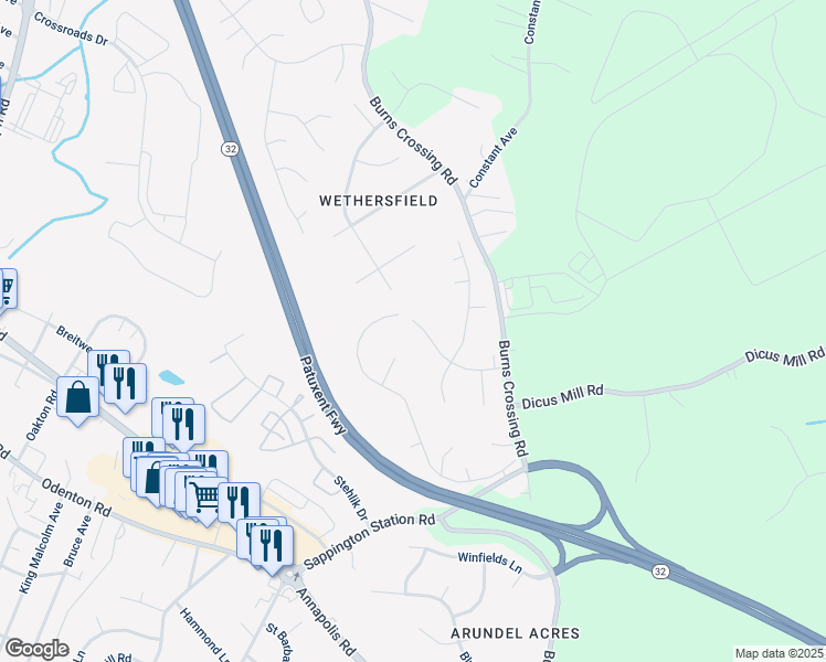 map of restaurants, bars, coffee shops, grocery stores, and more near 1515 Romeo Lane in Severn