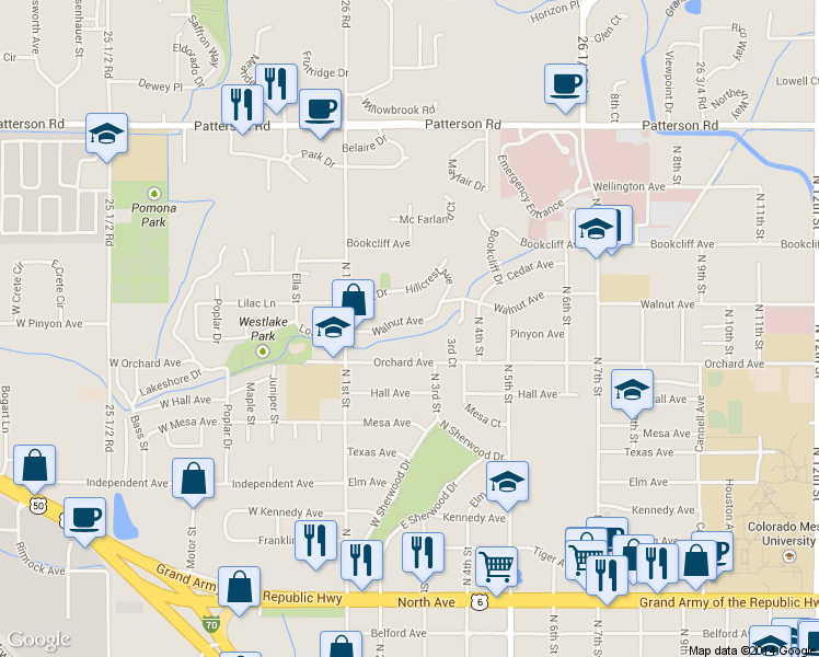 map of restaurants, bars, coffee shops, grocery stores, and more near 245 Walnut Avenue in Grand Junction