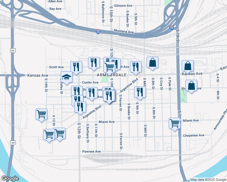 map of restaurants, bars, coffee shops, grocery stores, and more near 701 South 10th Street in Kansas City