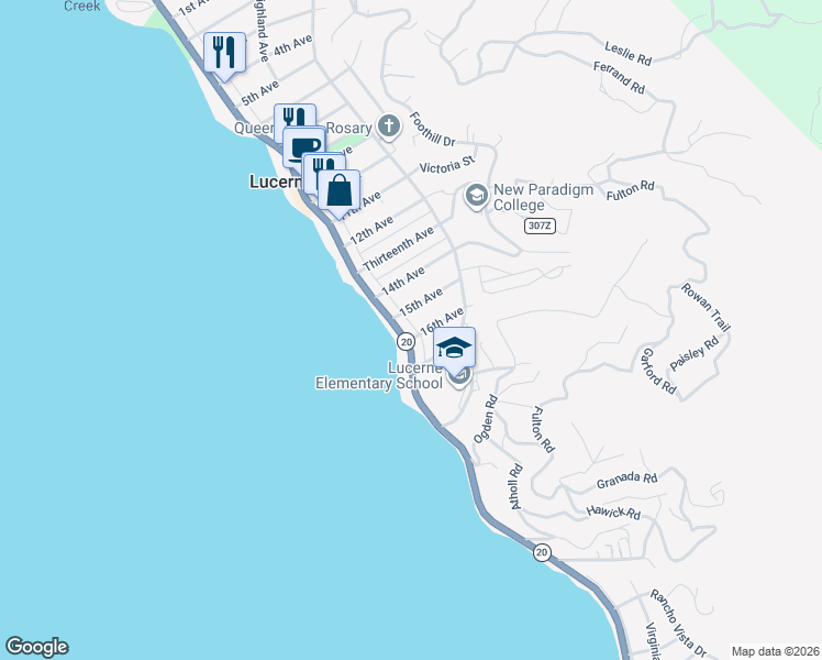 map of restaurants, bars, coffee shops, grocery stores, and more near 6336 State Highway 20 in Lucerne