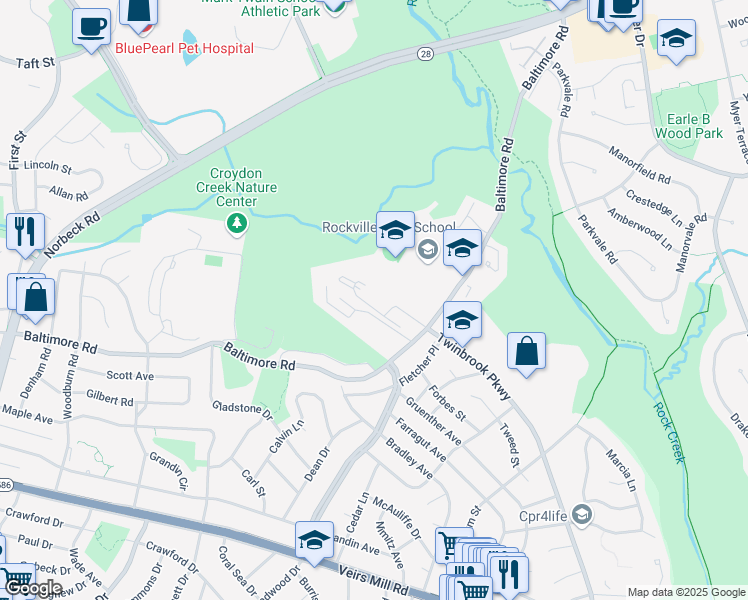 map of restaurants, bars, coffee shops, grocery stores, and more near 2006 Baltimore Road in Rockville