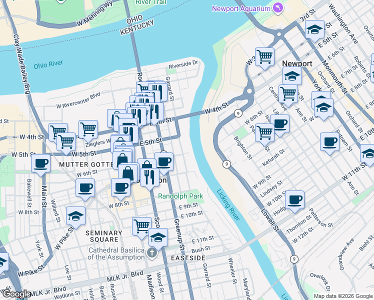 map of restaurants, bars, coffee shops, grocery stores, and more near 530 Garrard Street in Covington