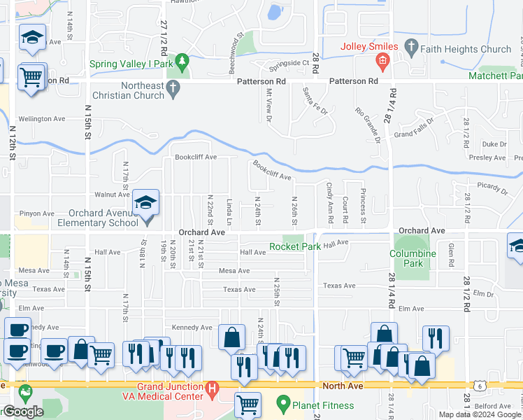 map of restaurants, bars, coffee shops, grocery stores, and more near 2409 Pinyon Avenue in Grand Junction