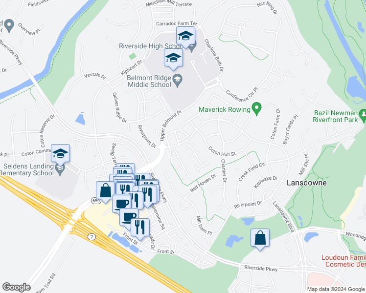 map of restaurants, bars, coffee shops, grocery stores, and more near 43662 Jernigan Terrace in Leesburg
