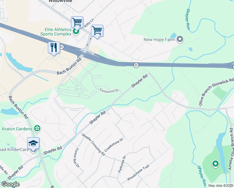 map of restaurants, bars, coffee shops, grocery stores, and more near 4372 Eastwood Drive in Batavia
