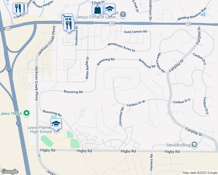 map of restaurants, bars, coffee shops, grocery stores, and more near 961 Caribou Drive West in Monument