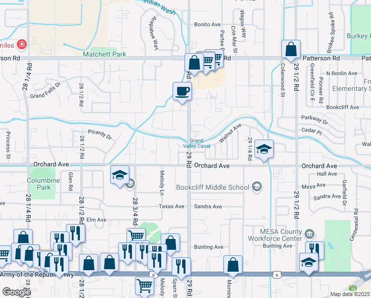 map of restaurants, bars, coffee shops, grocery stores, and more near 2896 Pinyon Avenue in Grand Junction