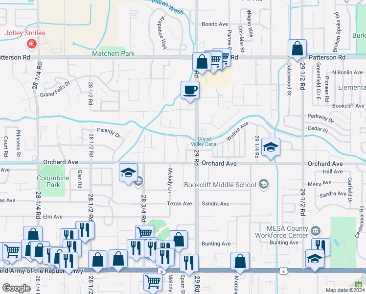 map of restaurants, bars, coffee shops, grocery stores, and more near 2896 Pinyon Avenue in Grand Junction