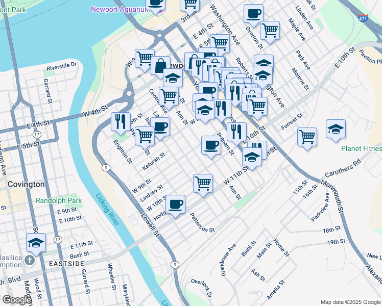map of restaurants, bars, coffee shops, grocery stores, and more near 218 West 9th Street in Newport