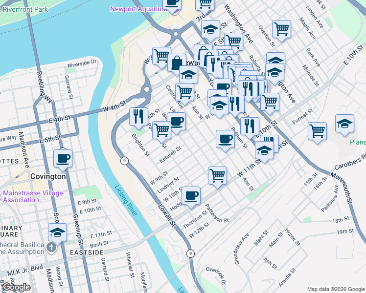 map of restaurants, bars, coffee shops, grocery stores, and more near 834 Isabella Street in Newport