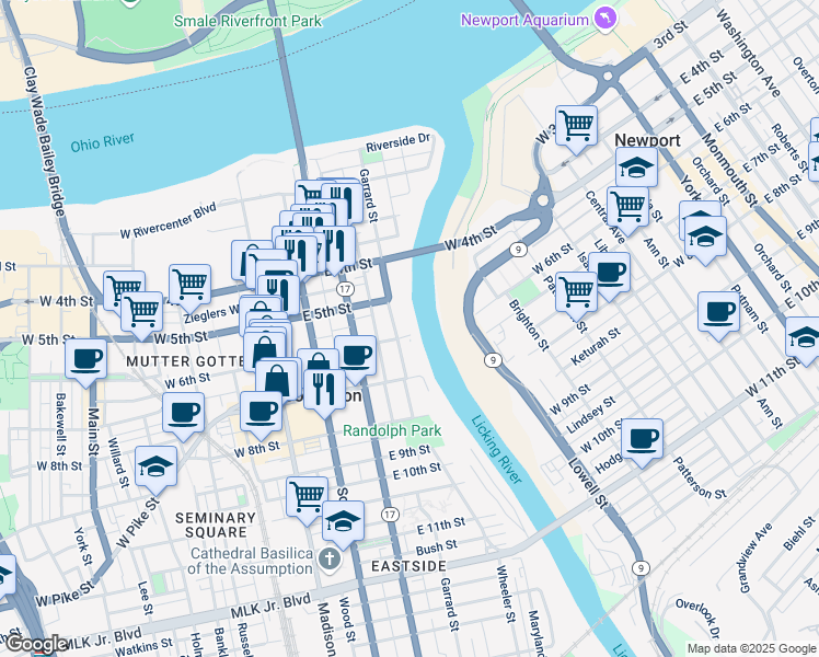 map of restaurants, bars, coffee shops, grocery stores, and more near 530 Garrard Street in Covington