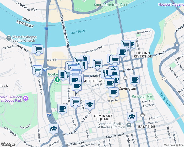 map of restaurants, bars, coffee shops, grocery stores, and more near 214 West 5th Street in Covington