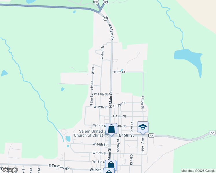 map of restaurants, bars, coffee shops, grocery stores, and more near 1004 North Main Street in Higginsville