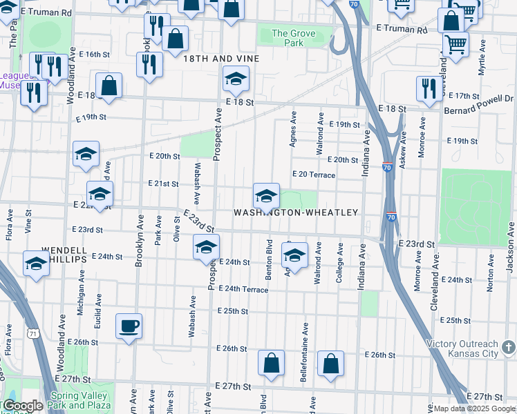 map of restaurants, bars, coffee shops, grocery stores, and more near 2127 Benton Boulevard in Kansas City