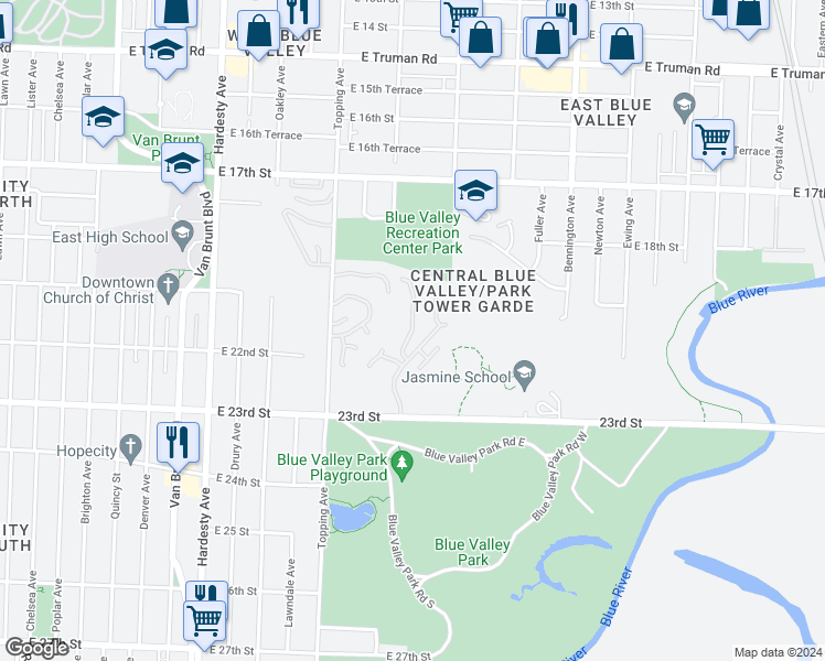 map of restaurants, bars, coffee shops, grocery stores, and more near 1900 Park Tower Road in Kansas City