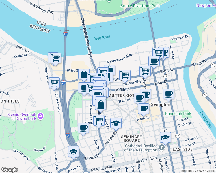 map of restaurants, bars, coffee shops, grocery stores, and more near 433 Johnson Street in Covington