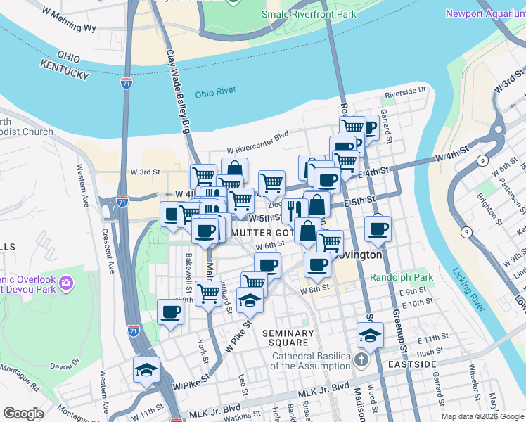 map of restaurants, bars, coffee shops, grocery stores, and more near 425 Russell Street in Covington