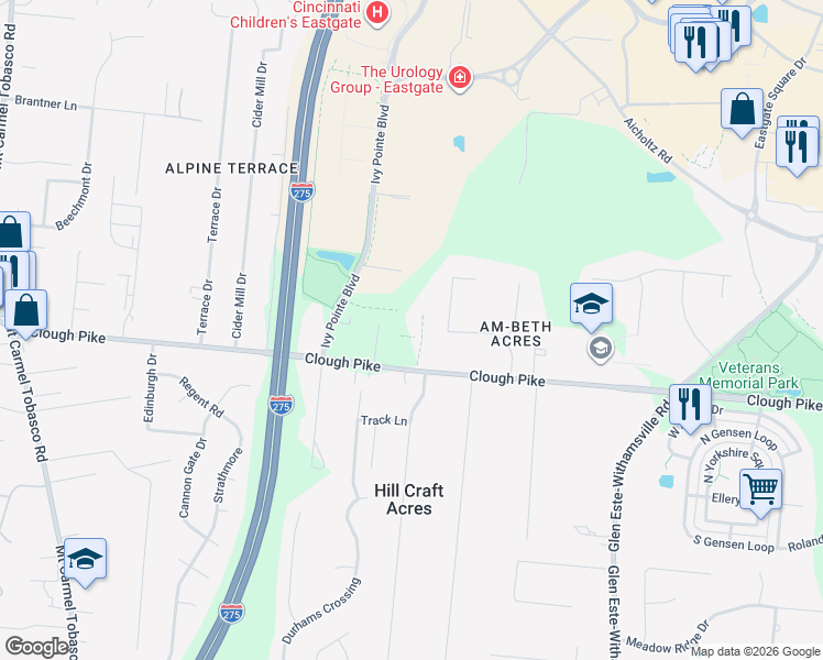 map of restaurants, bars, coffee shops, grocery stores, and more near 732 Clough Pike in Cincinnati