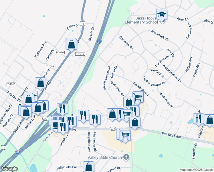 map of restaurants, bars, coffee shops, grocery stores, and more near 302 Carroll Drive in Stephens City