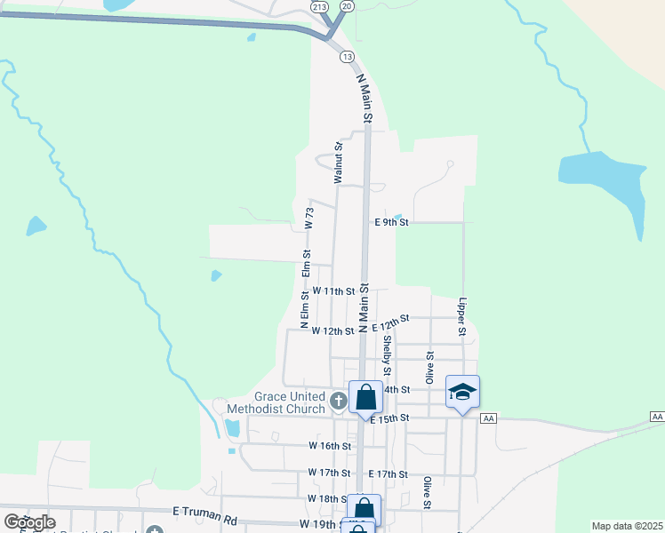 map of restaurants, bars, coffee shops, grocery stores, and more near 1000 Walnut Street in Higginsville