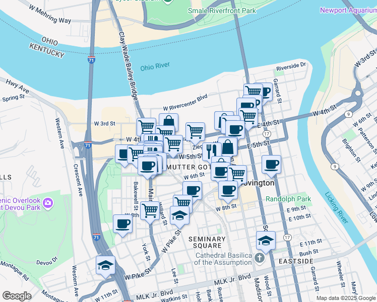 map of restaurants, bars, coffee shops, grocery stores, and more near 423 Russell Street in Covington