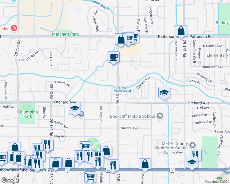 map of restaurants, bars, coffee shops, grocery stores, and more near 2898 Pinyon Avenue in Grand Junction