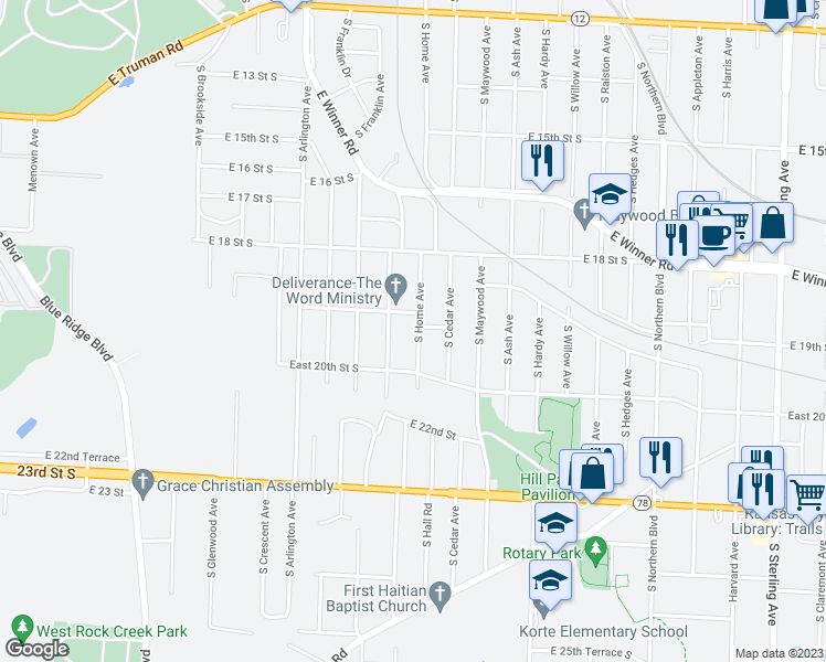 map of restaurants, bars, coffee shops, grocery stores, and more near 1908 South Home Avenue in Independence