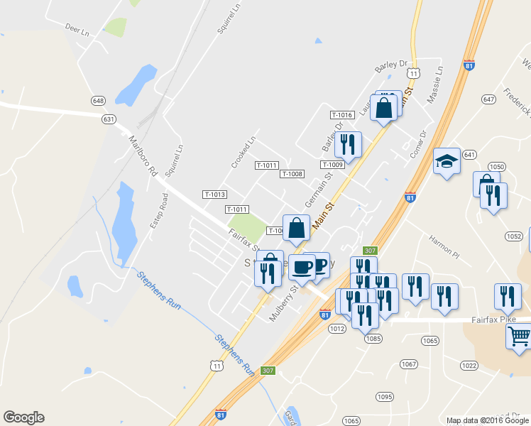 map of restaurants, bars, coffee shops, grocery stores, and more near 1064 Martin Street in Stephens City