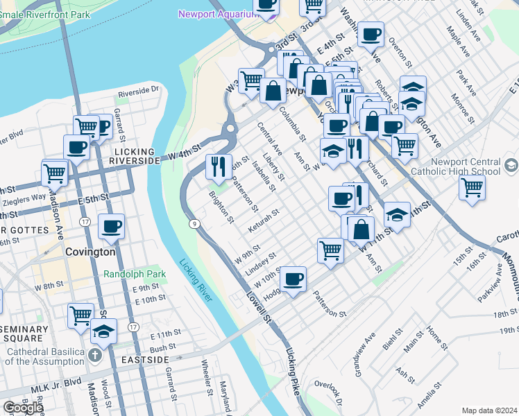 map of restaurants, bars, coffee shops, grocery stores, and more near 835 Patterson Street in Newport