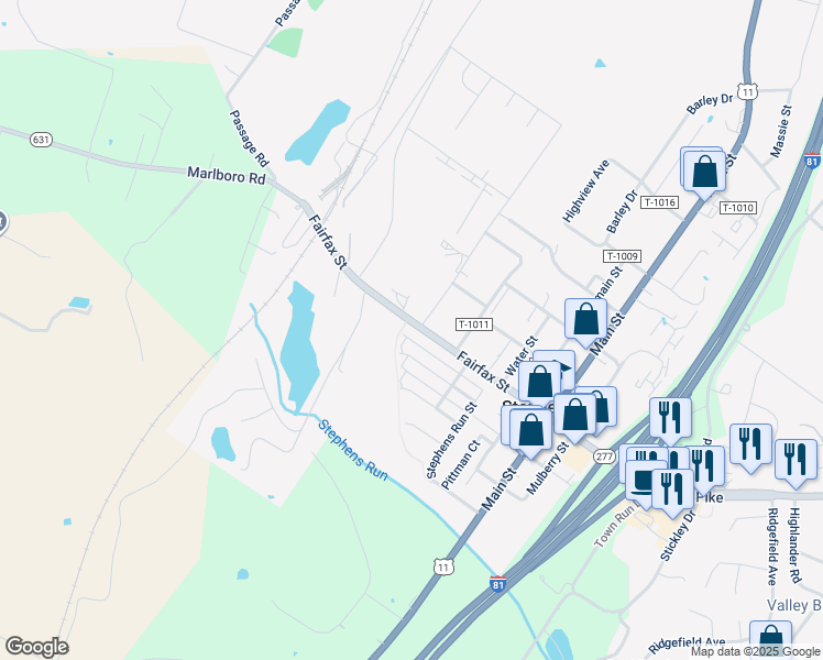 map of restaurants, bars, coffee shops, grocery stores, and more near 1221 Fairfax Street in Stephens City