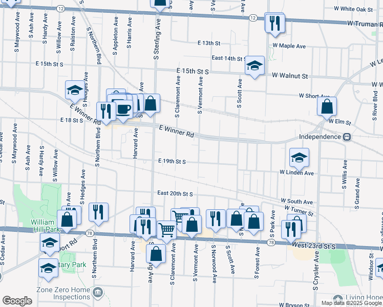 map of restaurants, bars, coffee shops, grocery stores, and more near 11322 East 19th Street South in Independence