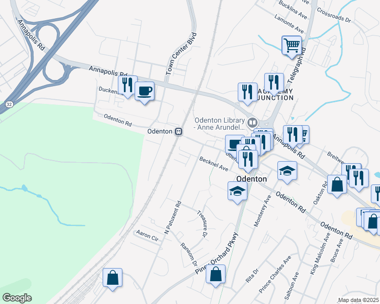 map of restaurants, bars, coffee shops, grocery stores, and more near 1410 Becknel Avenue in Odenton