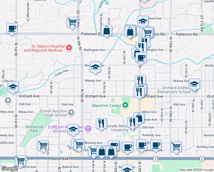 map of restaurants, bars, coffee shops, grocery stores, and more near 1945 North 9th Street in Grand Junction