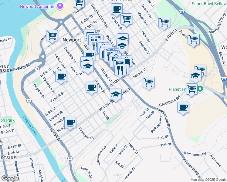map of restaurants, bars, coffee shops, grocery stores, and more near 1020 York Street in Newport