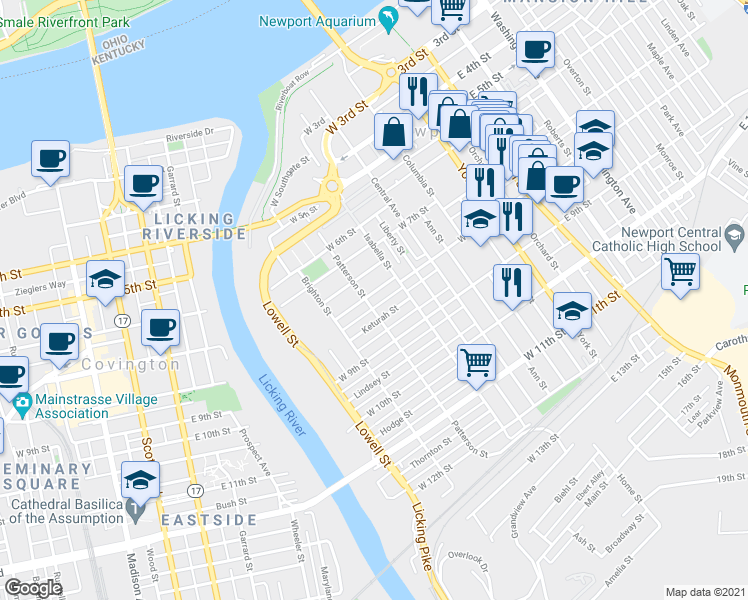 map of restaurants, bars, coffee shops, grocery stores, and more near 835 Patterson Street in Newport