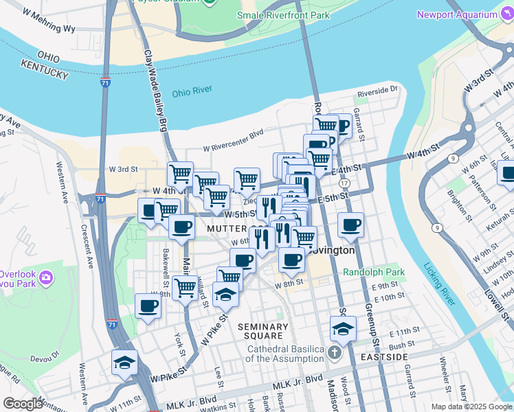 map of restaurants, bars, coffee shops, grocery stores, and more near 108 West 5th Street in Covington