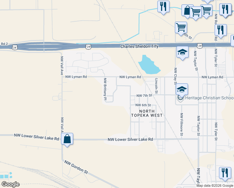 map of restaurants, bars, coffee shops, grocery stores, and more near in Topeka