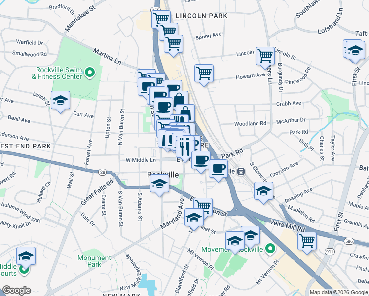 map of restaurants, bars, coffee shops, grocery stores, and more near 101 Gibbs Street in Rockville