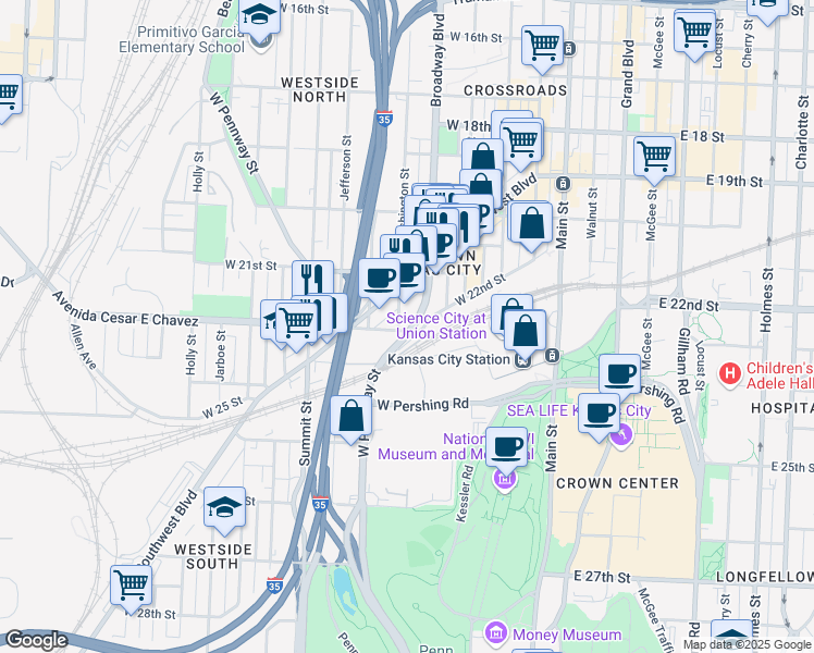 map of restaurants, bars, coffee shops, grocery stores, and more near 2139 Washington Street in Kansas City