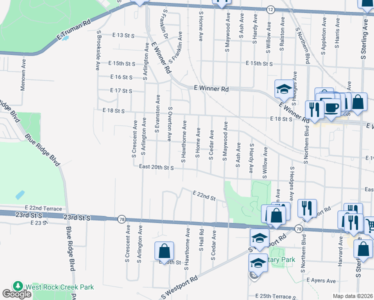 map of restaurants, bars, coffee shops, grocery stores, and more near 1907 South Hawthorne Avenue in Independence